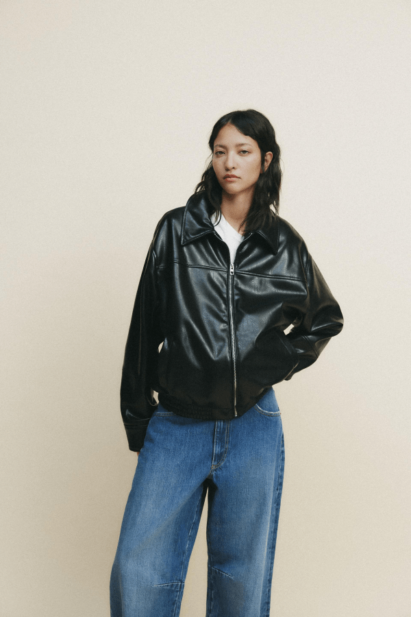 Zara Faux Leather Bomber Jacket in black
