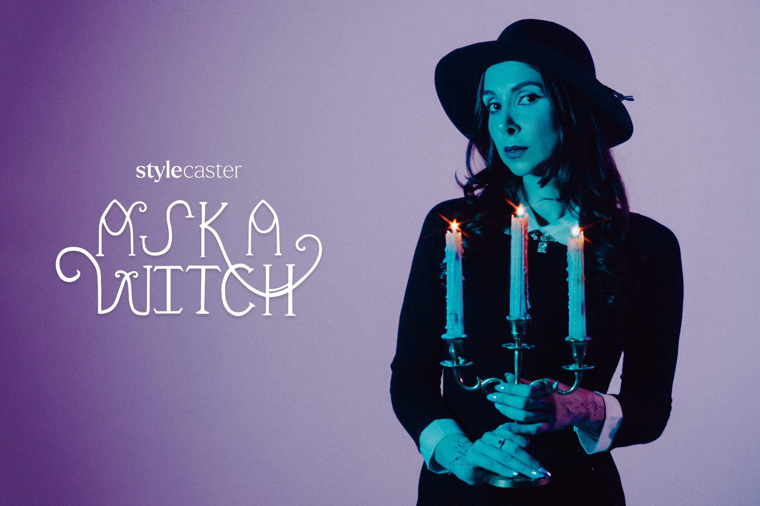 Roya Backlund holding a candelabra with a purple background, standing next to the Ask a Witch logo