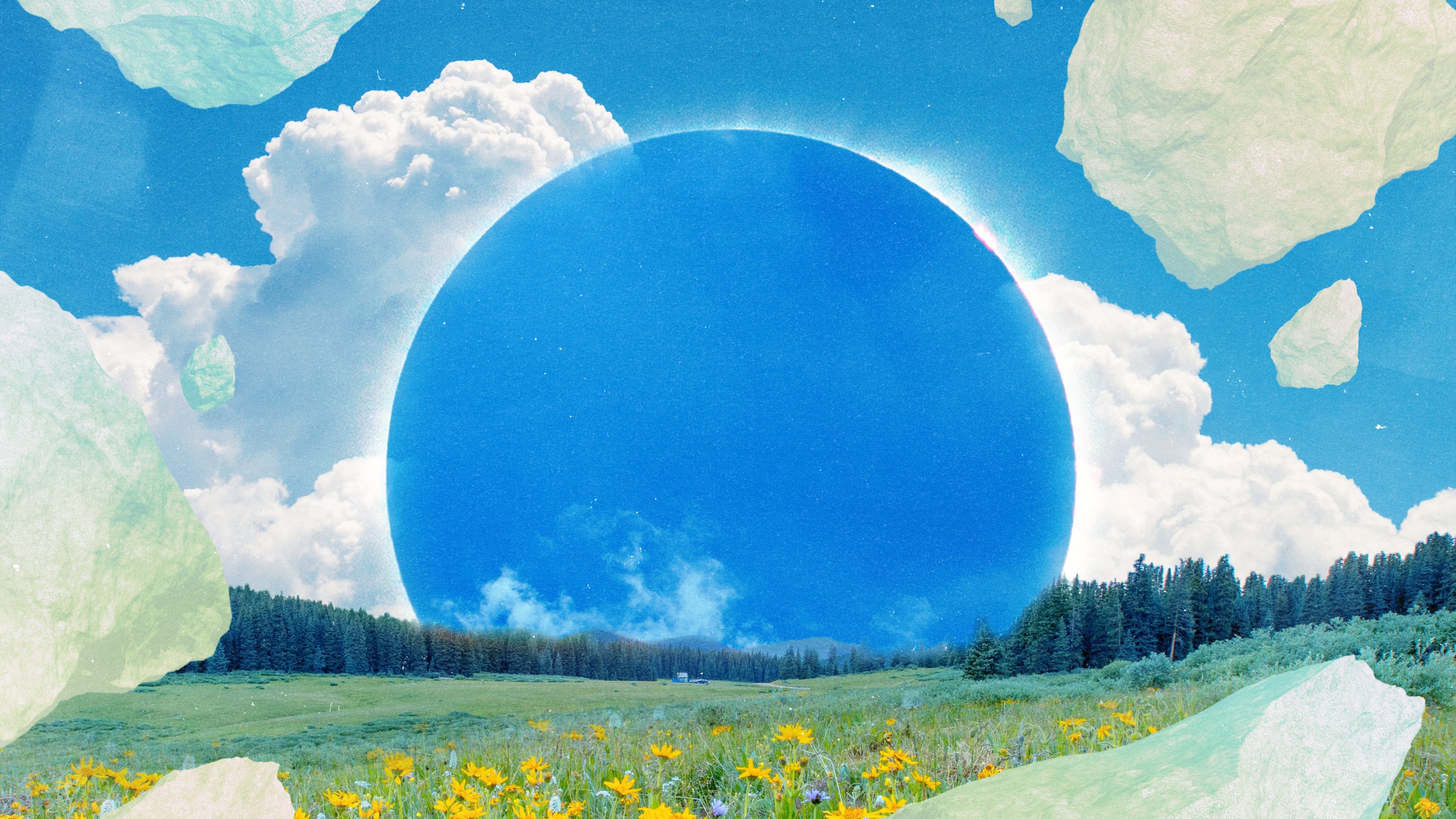 A big blue planet above a field of flowers, surrounded by comets and clouds in a sunny sky