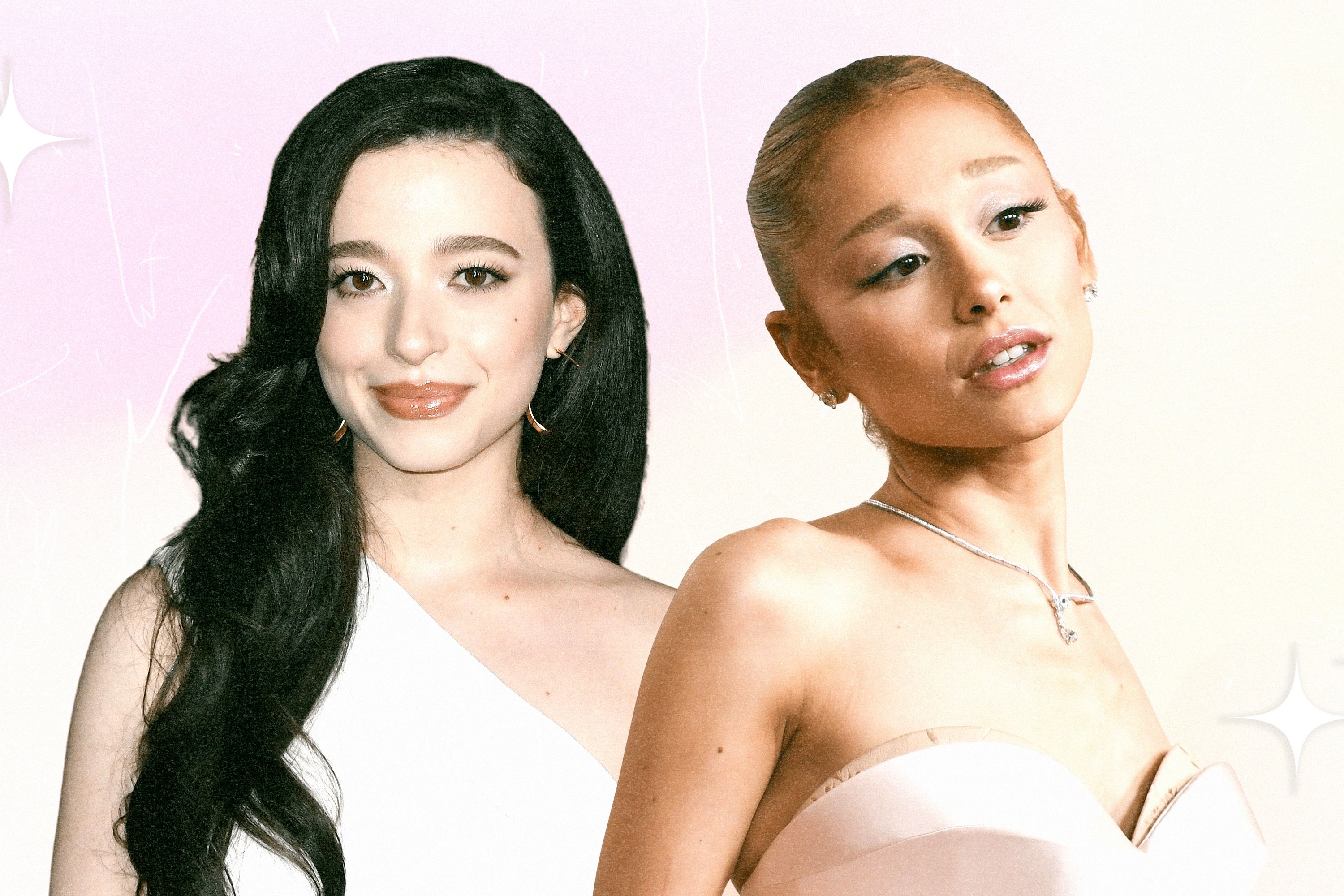 Mikey Madison and Ariana Grande wearing sparkly eyeshadow.