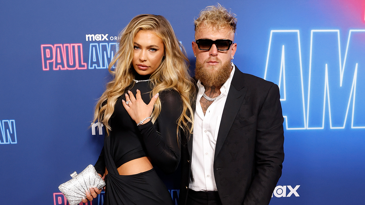 NEW YORK, NEW YORK - MARCH 26: Jutta Leerdam and Jake Paul attend the premiere of "Paul American" at Tempo by Hilton New York Times Square on March 26, 2025 in New York City.