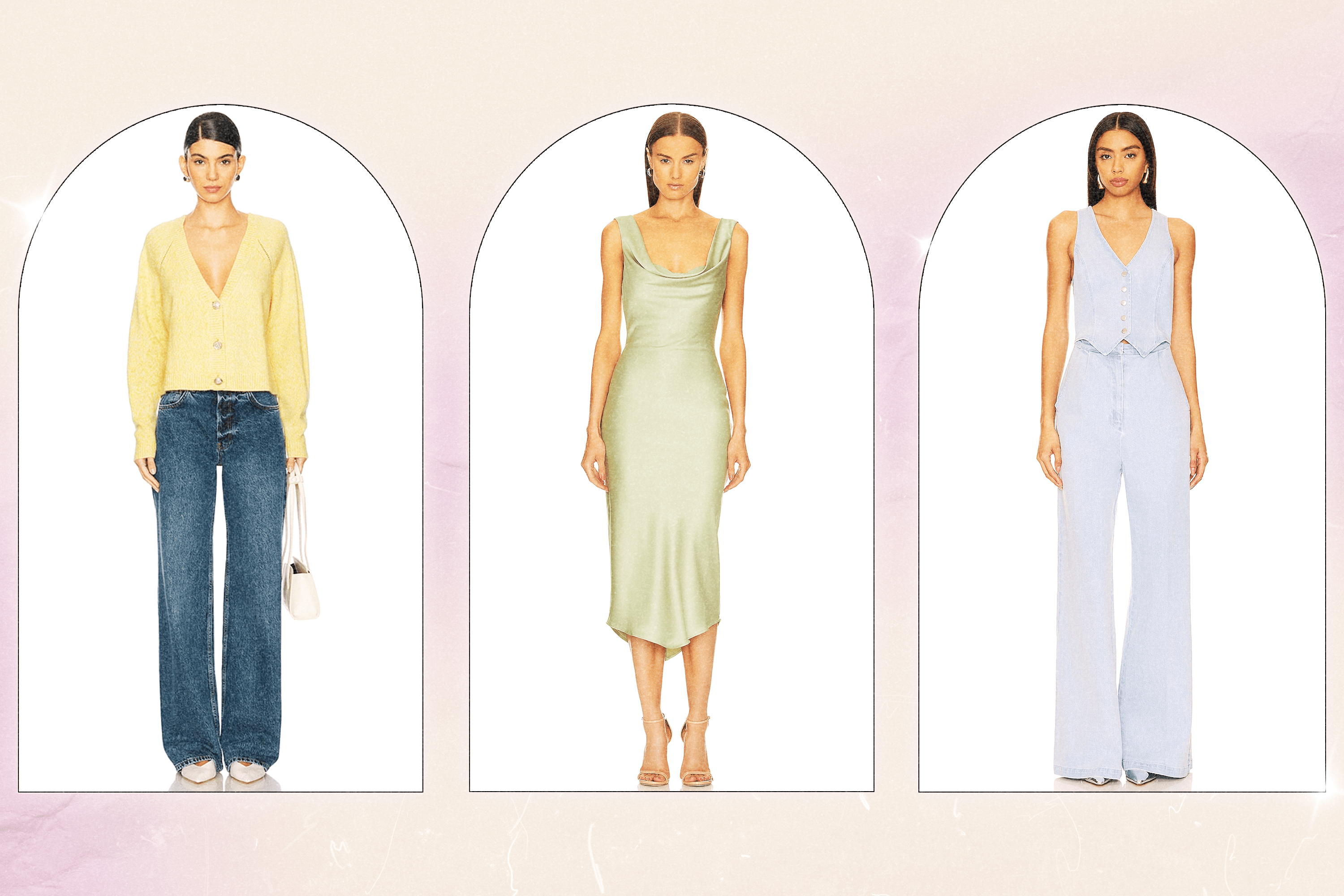 Left to Right: a Revolve model wearing a yellow cardigan sweater with dark wash jeans; a Revolve model wearing a light green slip midi dress; a Revolve model wearing a light wash denim jumpsuit.