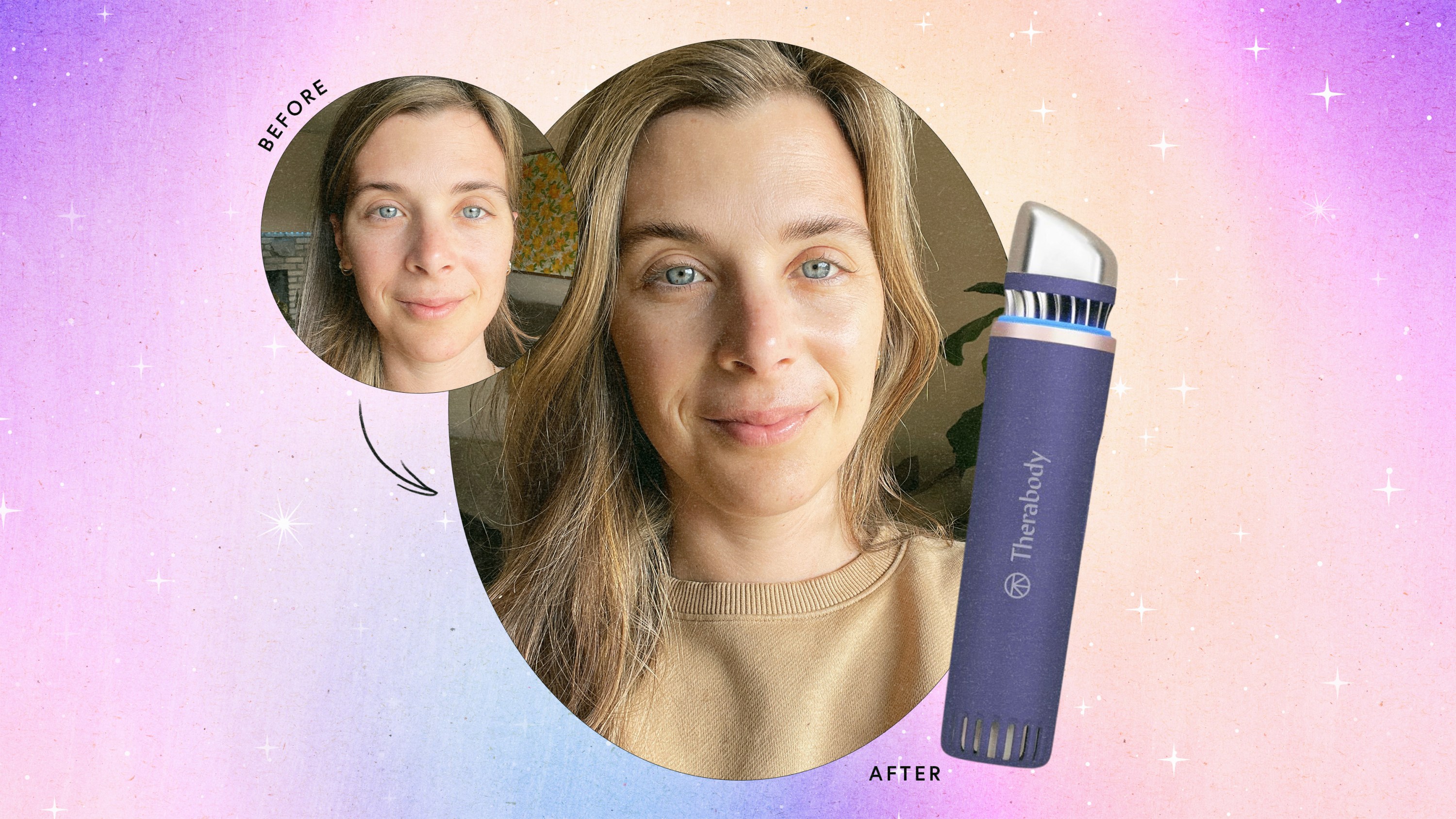 Before and after photos of Jessie using the TheraFace Depuffing Wand