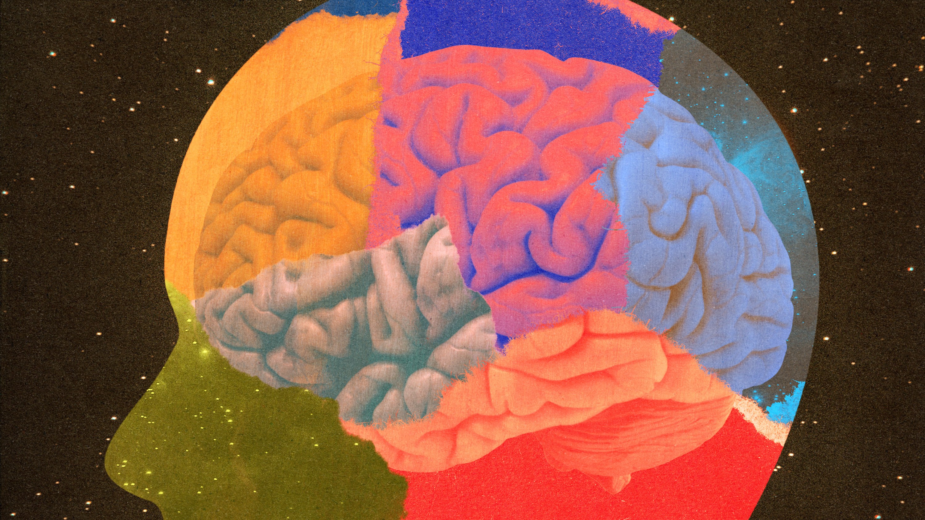 A person's brain in front of a background of stars.