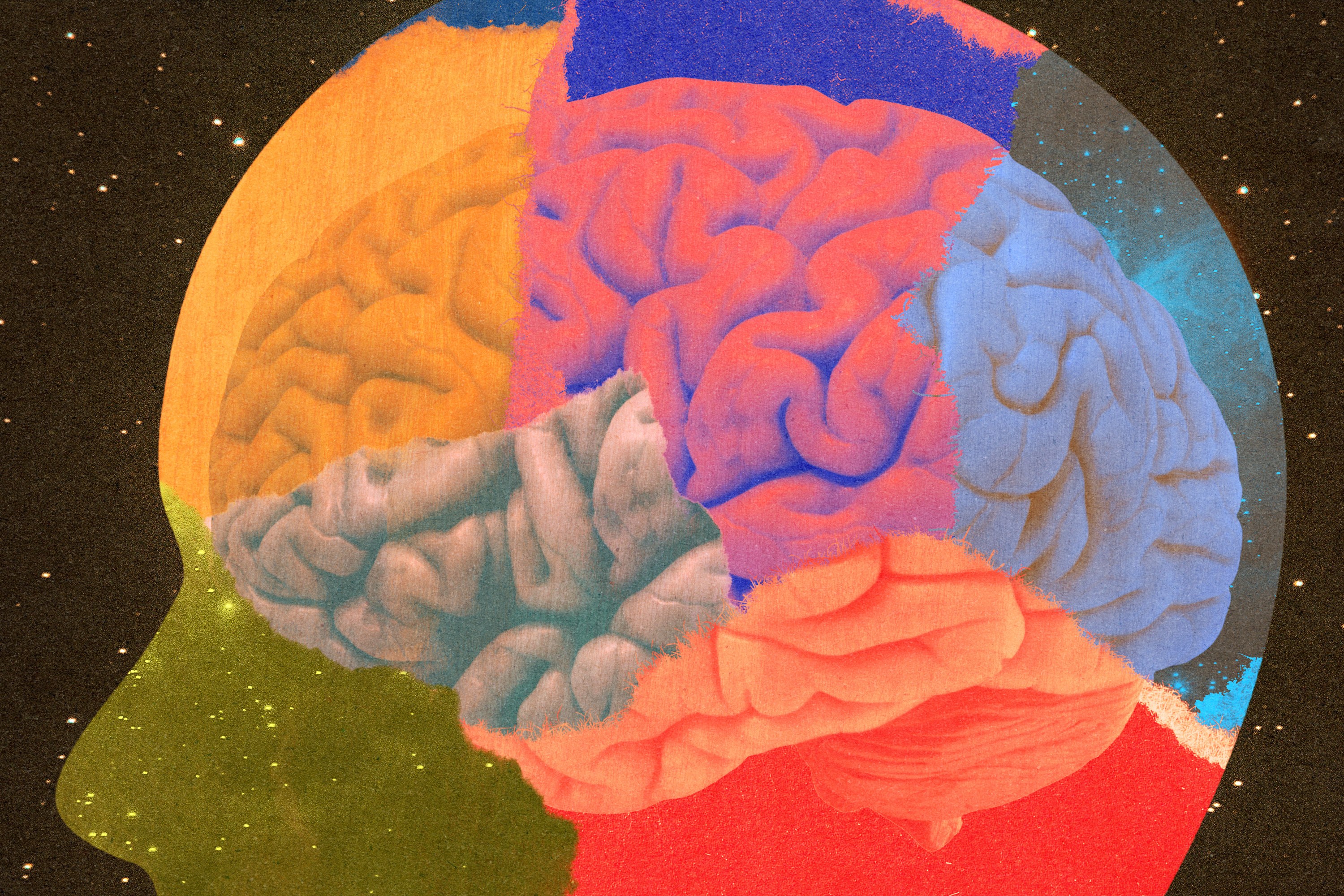 A person's brain in front of a background of stars.