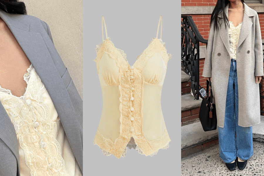 Kaili is wearing Cider's Velvet V-Neck Lace Trim Cami Top in Beige.