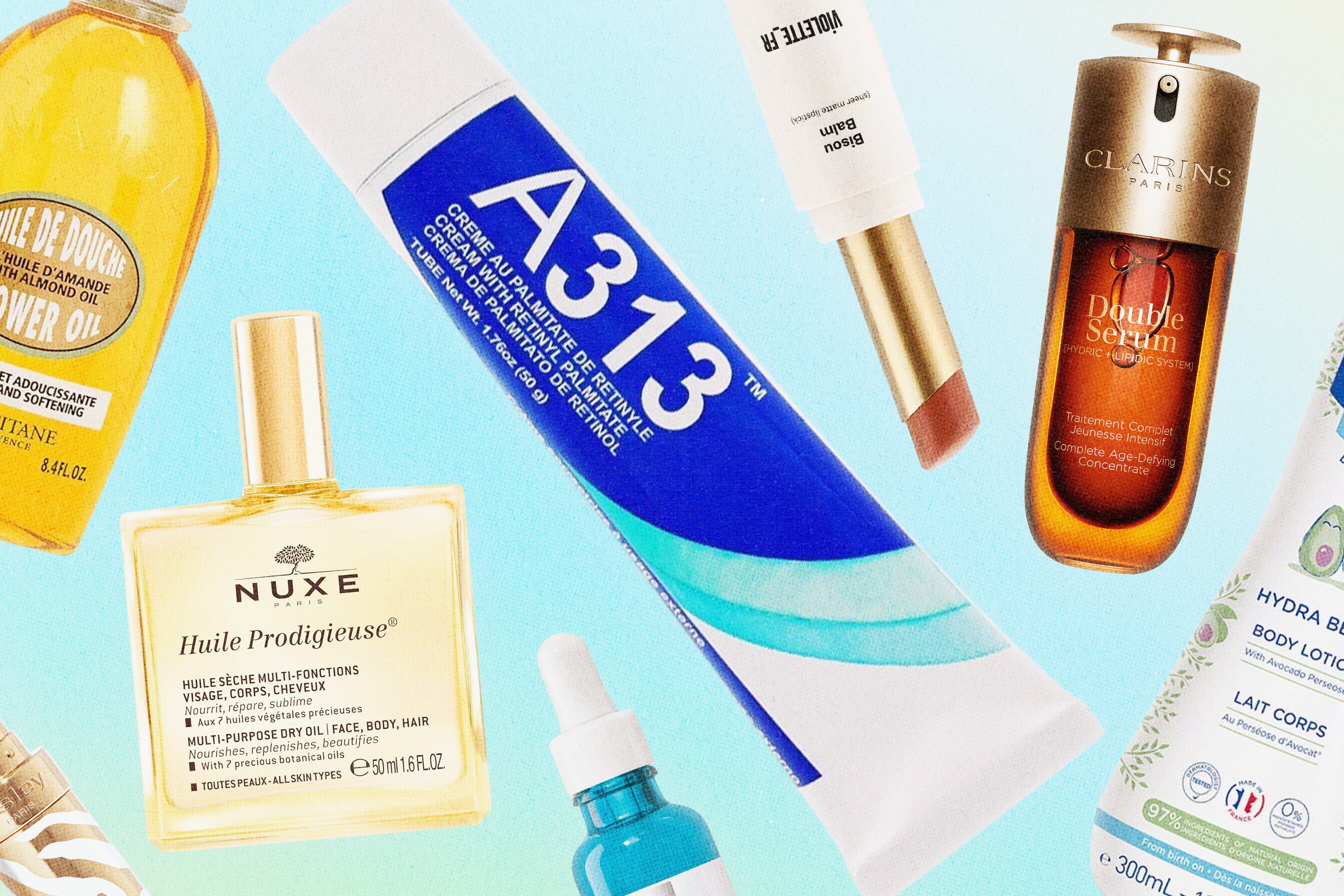 Several French beauty products from L'Occitane, A313, Violette, Nuxe, Sisley, La Roche-Posay, Clarins, and Mustela.