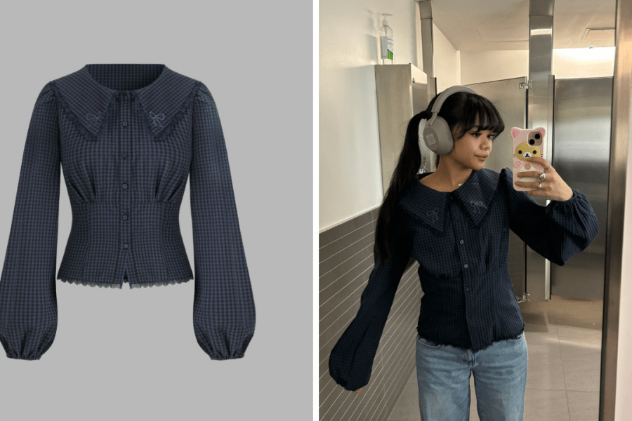 Kleigh is wearing Cider's Cotton-Blend Collar Gingham Lace Trim Blouse in Dark Denim.