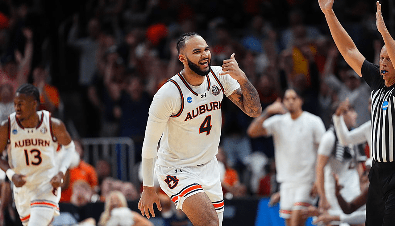 ATLANTA, GEORGIA - MARCH 30: Johni Broome #4 of the Auburn Tigers gestures during the Elite Eight round of the 2025 NCAA Men's Basketball Tournament held at State Farm Arena on March 30, 2025 in Atlanta, Georgia. (Photo by Grant Halverson/NCAA Photos via Getty Images)