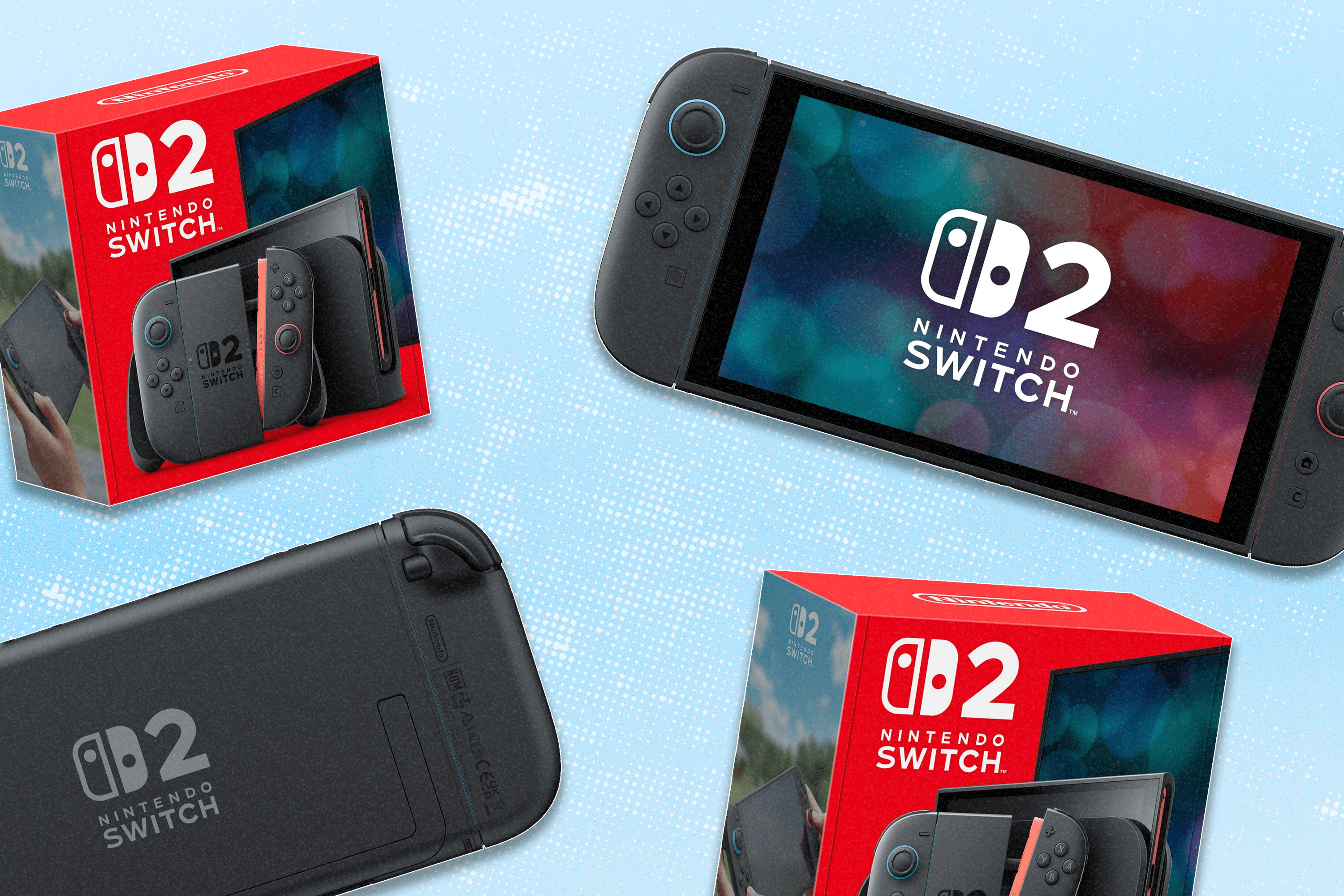 The front and back of the Nintendo Switch 2 next to two boxes of the Nintendo Switch 2