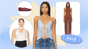 A red Mary Jane ballet flat, a model wearing a white silky top, a model wearing a light blue lace cutout top, and a model wearing a sheer brown maxi dress.