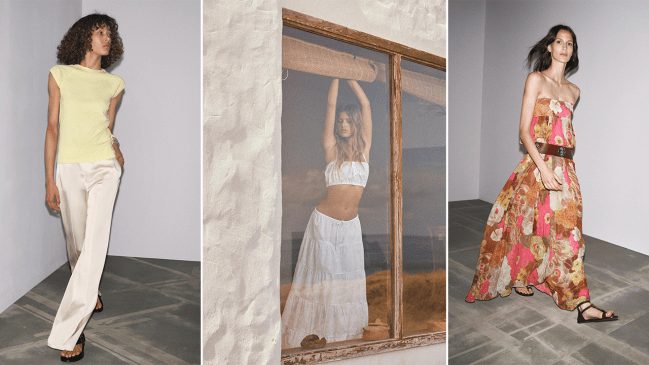 Left to Right: a Zara model wearing a butter yellow top; a Zara model wearing a matching white top and flowy skirt set; a Zara model wearing a multicolor pink, orange, brown, yellow maxi dress.