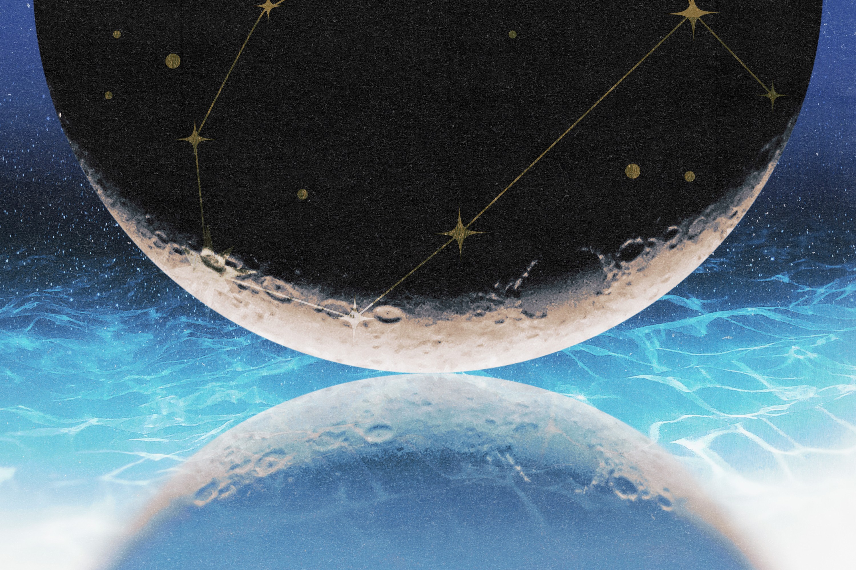A new moon in Gemini reflected in a pool of water.
