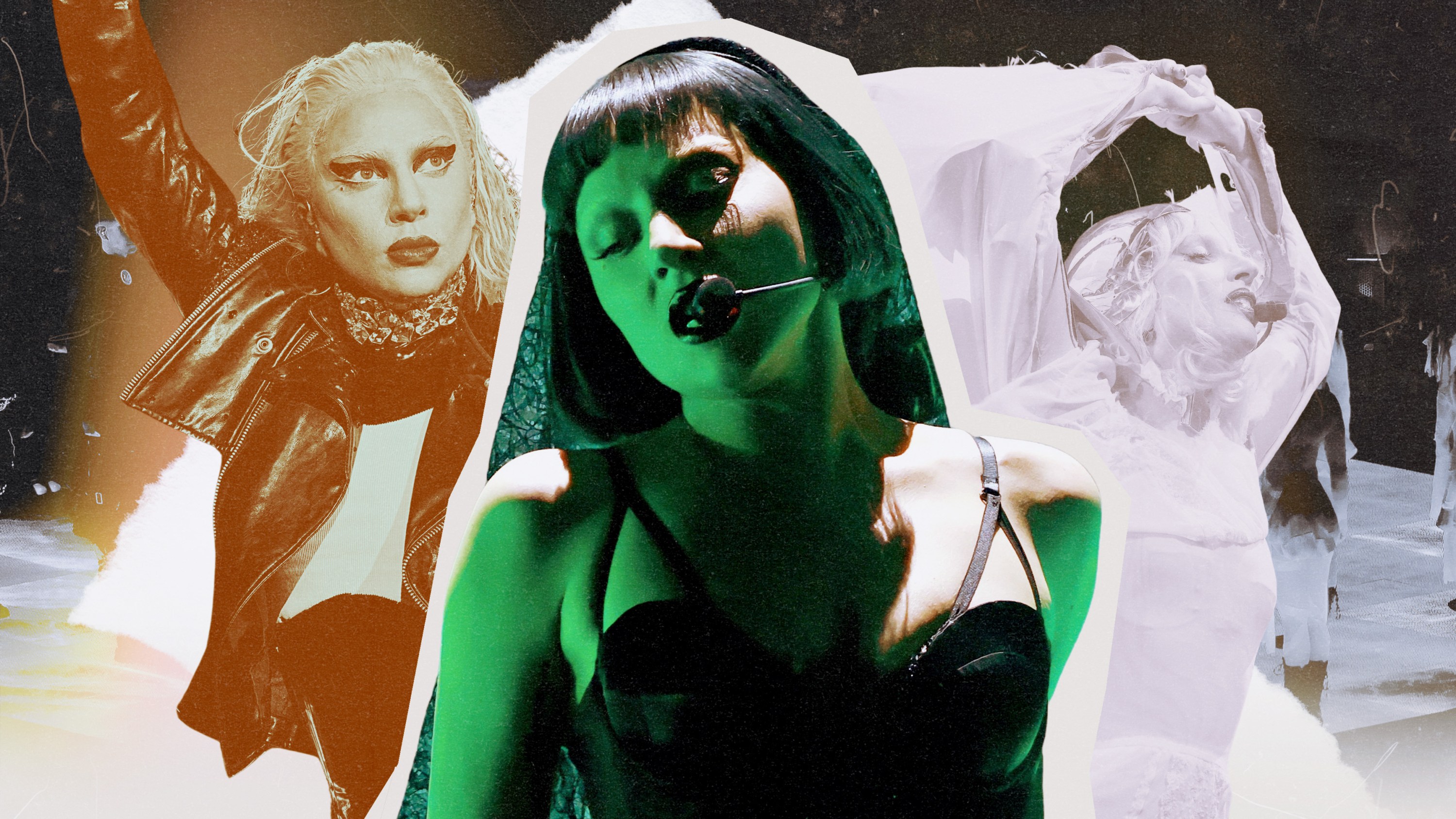 A collage of three images of Lady Gaga performing