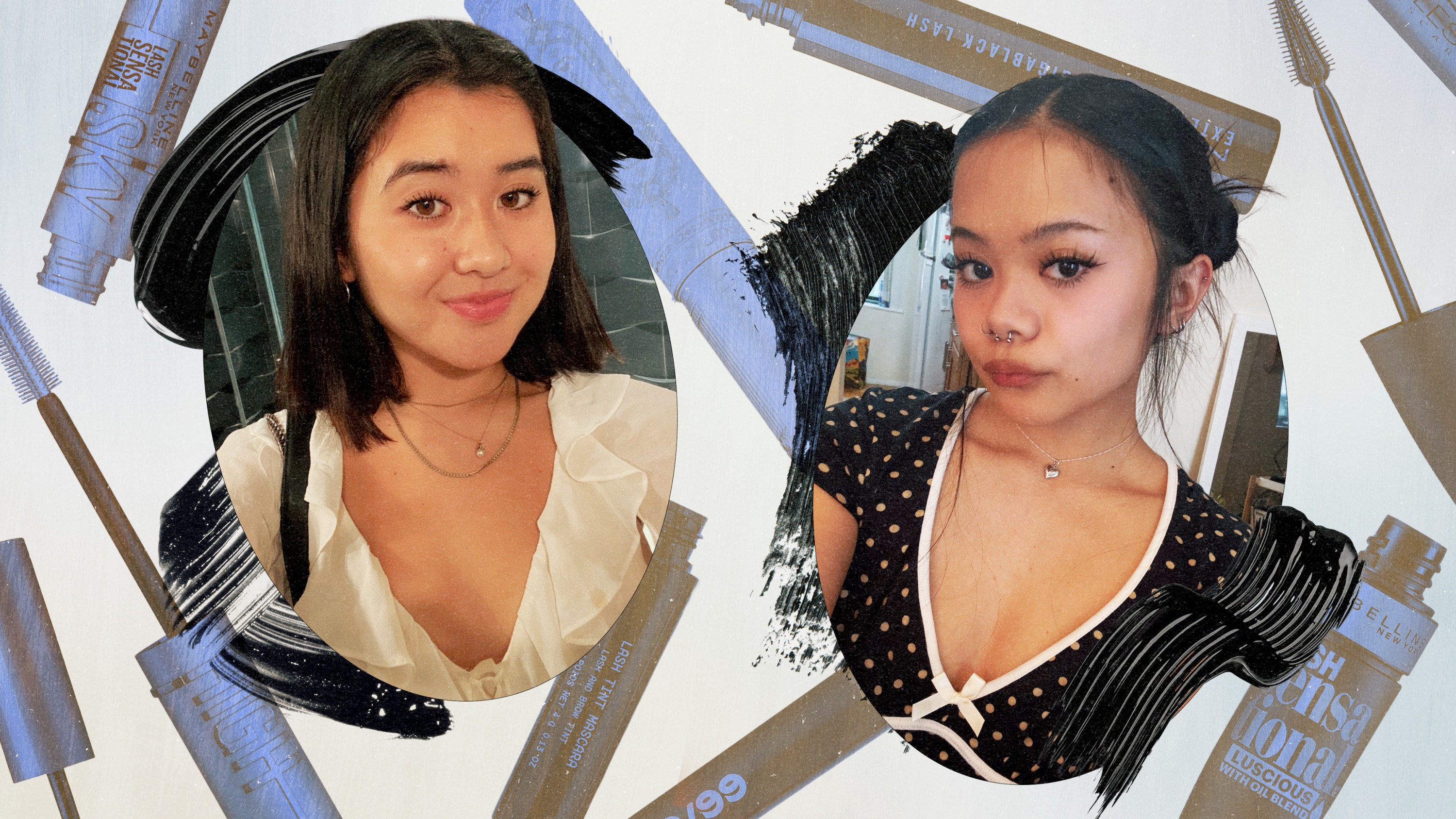 Selfies of Jen and Kleigh wearing mascara, next to product images of mascaras from Flower Knows, Maybelline, MAC Cosmetics, L'Oréal, and 19/99.