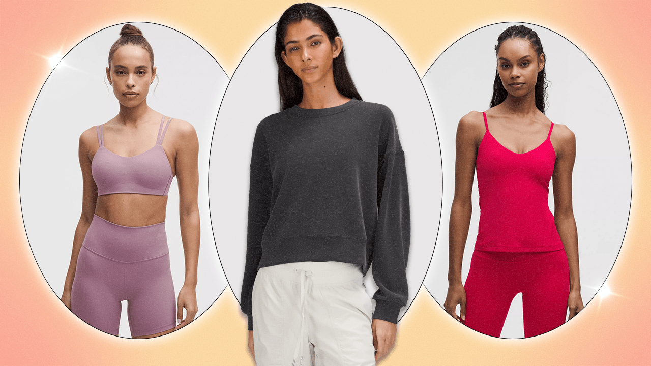 Left to Right: a Lululemon model wearing a dusty pink sports bra and matching leggings; a Lululemon model wearing a navy-gray long-sleeve top and white pants; a Lululemon model wearing a hot pink workout cami top and matching leggings.