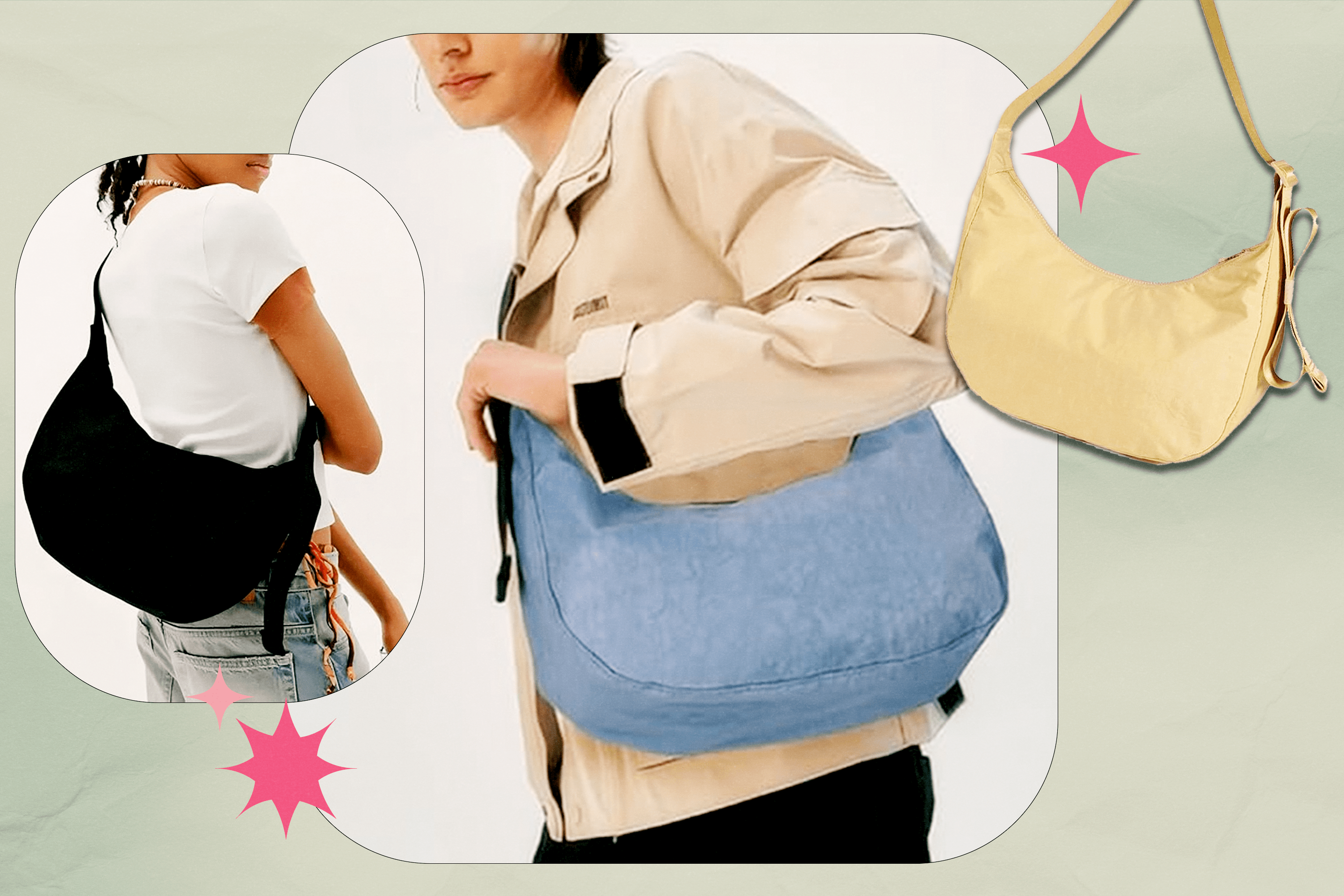 A collage with two images of models wearing FASTFAIRY's Medium Nylon Crescent Bag in black and light blue next to a product shot of the same bag but in butter yellow.