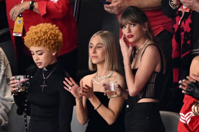 US singer-songwriter Taylor Swift (R), US rapper Ice Spice (L) and Ashley Avignone attend Super Bowl LVIII between the Kansas City Chiefs and the San Francisco 49ers at Allegiant Stadium in Las Vegas, Nevada, February 11, 2024.