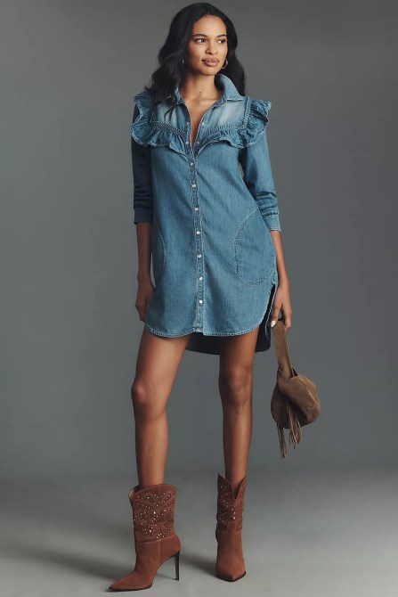 Pilcro Long-Sleeve Ruffled Denim Mini Shirt Dress