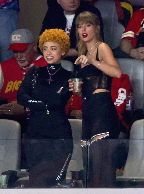 LAS VEGAS, NEVADA - FEBRUARY 11: Ice Spice (L) and Taylor Swift look on in the first quarter of Super Bowl LVIII between the San Francisco 49ers and the Kansas City Chiefs at Allegiant Stadium on February 11, 2024 in Las Vegas, Nevada. The Chiefs defeated the 49ers 25-22 in overtime.