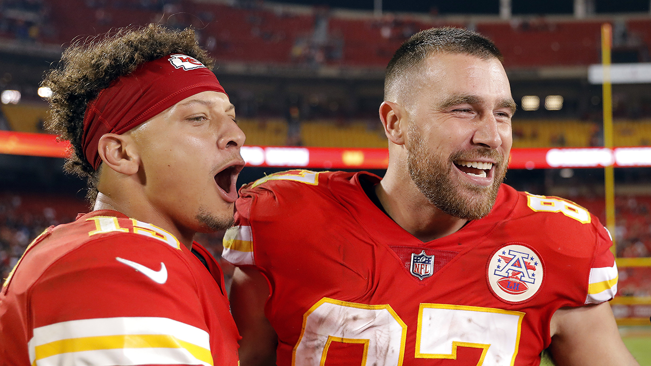 KANSAS CITY, MISSOURI - OCTOBER 10:  Patrick Mahomes #15 and Travis Kelce #87 of the Kansas City Chiefs celebrate after the Chiefs defeated the Las Vegas Raiders 30-29 to win the game at Arrowhead Stadium on October 10, 2022 in Kansas City, Missouri.