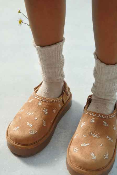 A model wearing Zara Embroidered Faux Fur Clogs in light brown