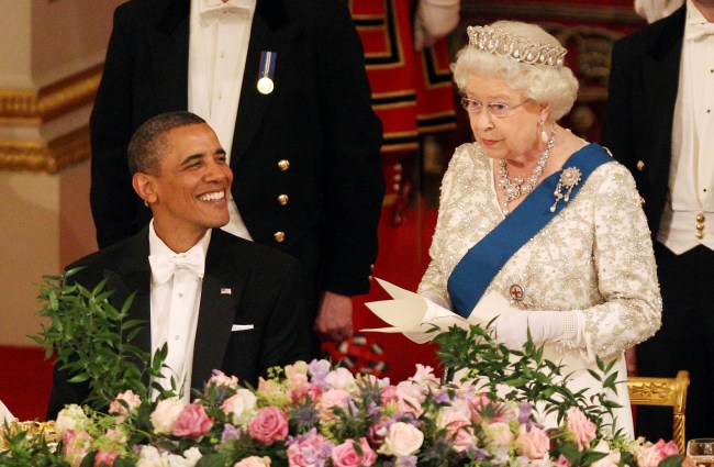 U.S. President Barack Obama and Queen Elizabeth II during a State Banquet in Buckingham Palace on May 24, 2011 in London, England. The 44th President of the United States, Barack Obama, and his wife Michelle are in the UK for a two day State Visit at the invitation of HM Queen Elizabeth II. During the trip they will attend a state banquet at Buckingham Palace and the President will address both houses of parliament at Westminster Hall.