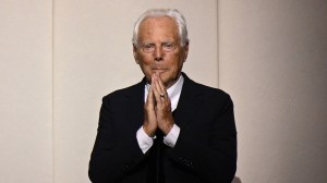 TOPSHOT - Italian fashion designer Giorgio Armani acknowledges the audience at the end of the Giorgio Armani Prive show as part of the Women's Haute-Couture Fall/Winter 2023/2024 Fashion Week in Paris on July 4, 2023.