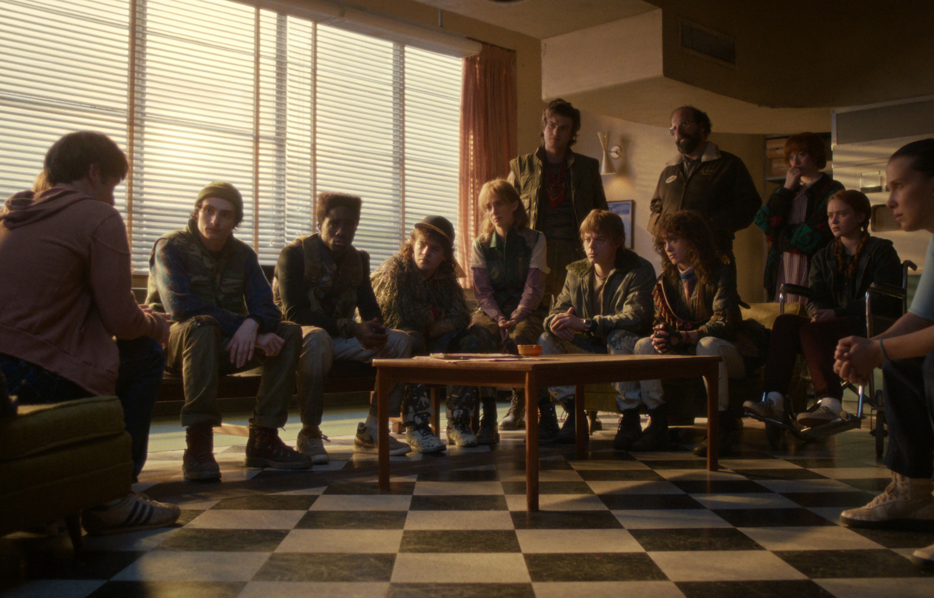 STRANGER THINGS: SEASON 5. (L to R) Noah Schnapp as Will Byers, Finn Wolfhard as Mike Wheeler, Caleb McLaughlin as Lucas Sinclair, Gaten Matarazzo as Dustin Henderson, Maya Hawke as Robin Buckley, Joe Keery as Steve Harrington, Charlie Heaton as Jonathan Byers, Brett Gelman as Murray Bauman, Natalia Dyer as Nancy Wheeler, Amybeth McNulty as Vickie, Sadie Sink, and Millie Bobby Brown as Eleven in Stranger Things: Season 5.