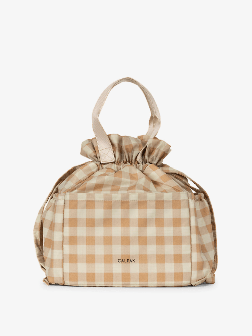 CALPAK Insulated Lunch Bag in a gingham yellow, beige, cream colorway/pattern