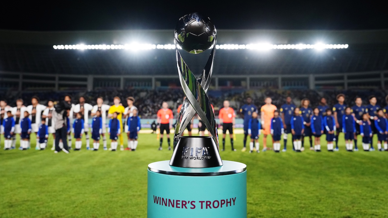 A detailed view of the FIFA U-17 World Cup winners trophy prior to the FIFA U-17 World Cup Final match between Germany and France at Manahan Stadium on December 02, 2023 in Surakarta, Indonesia.