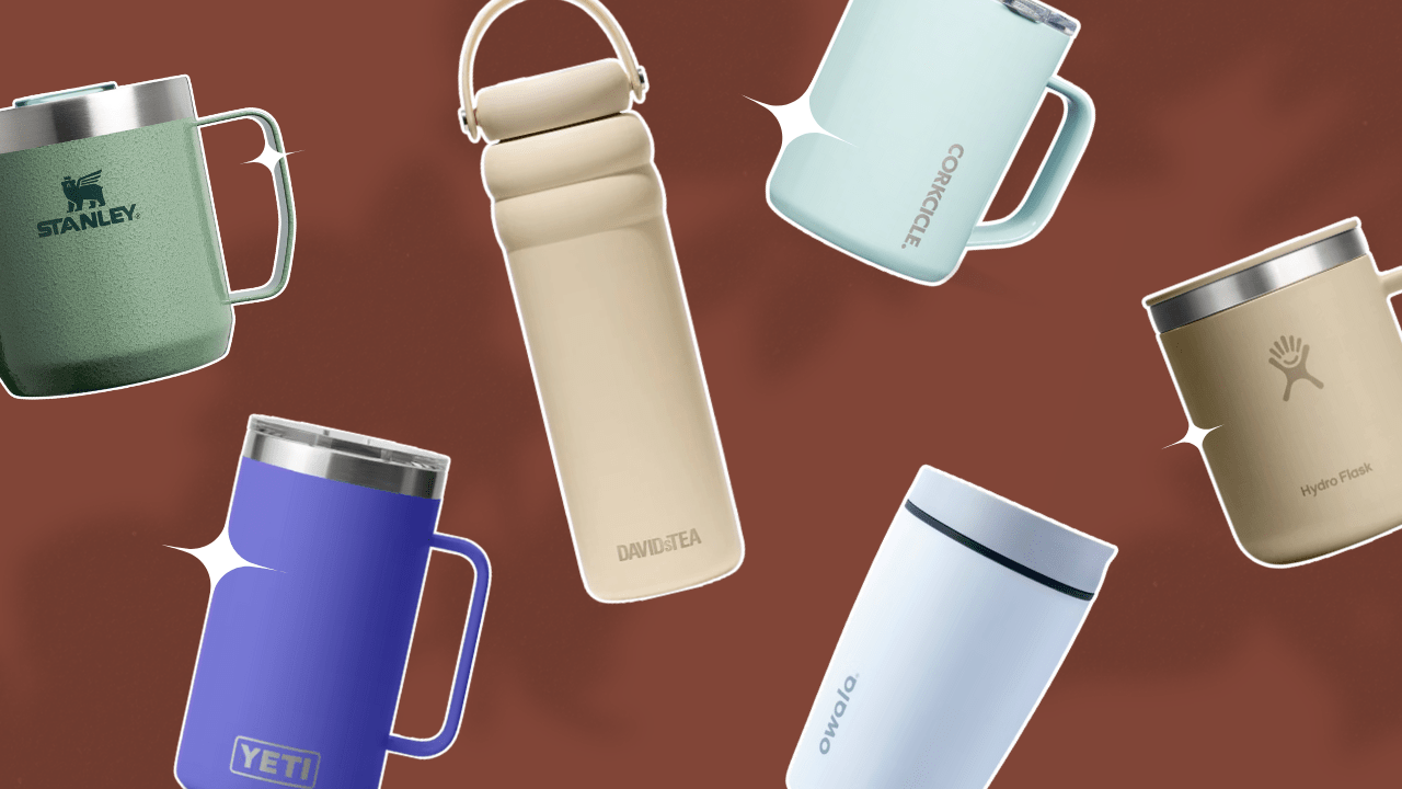 Brown background with an assortment of coffee cups and mugs from Stanley, Yeti, DavidsTea, Corkcicle, Owala, and HydroFlask.