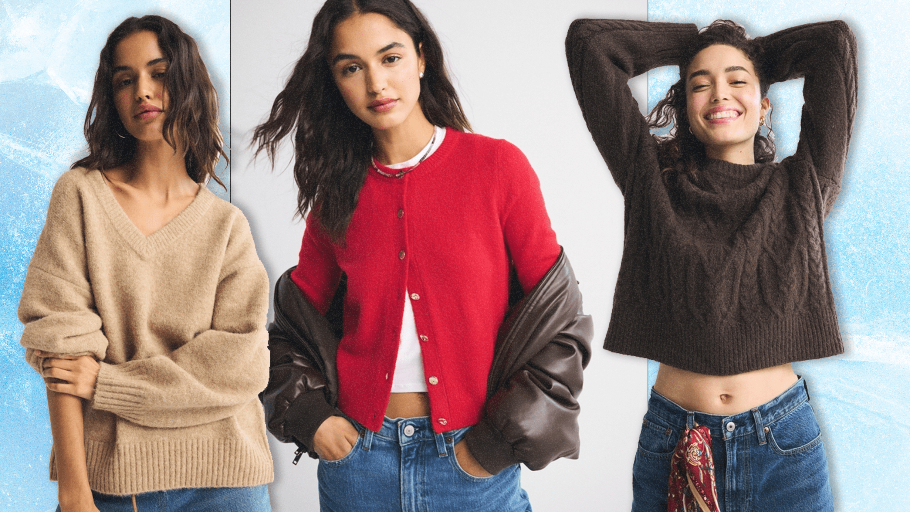 Three models wearing Abercrombie & Fitch sweaters