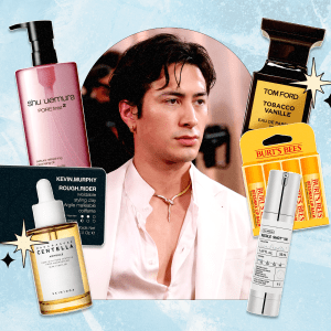 A photo of Hudson Williams from the 2026 Golden Globes red carpet, surrounded by six skincare, hair, and fragrance products he has used