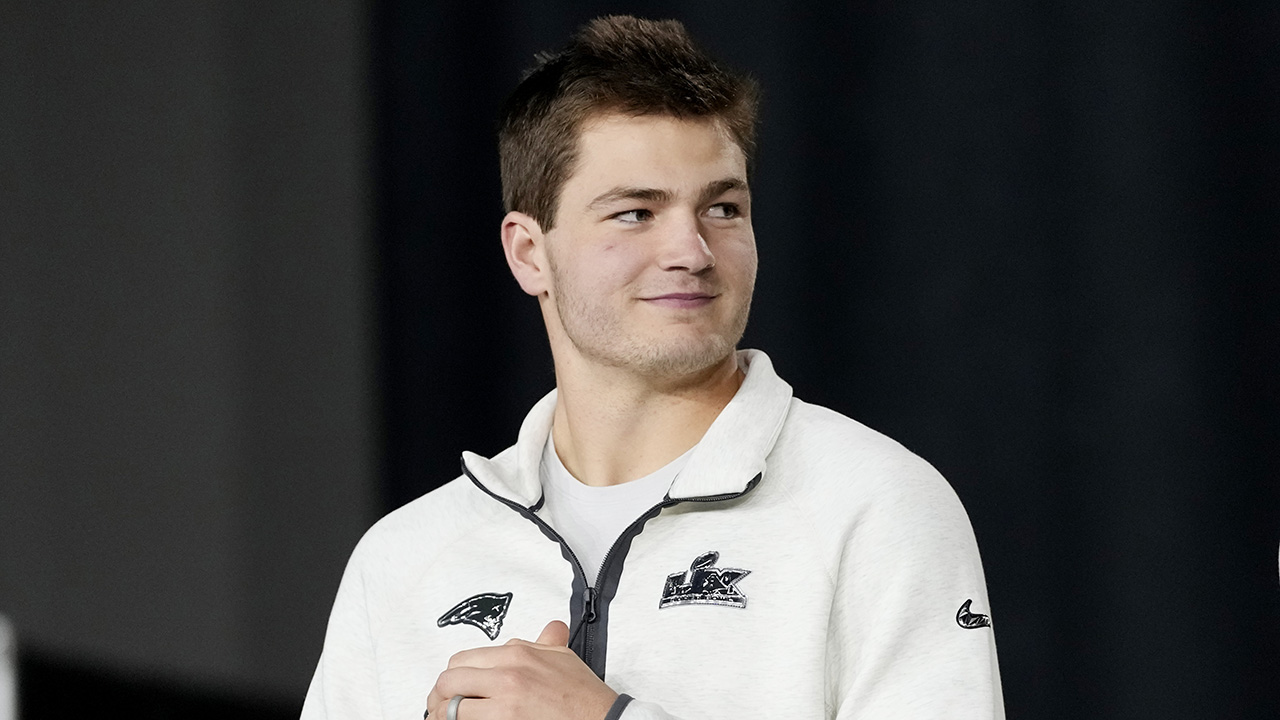 SAN JOSE, CALIFORNIA - FEBRUARY 02: Drake Maye #10 of the New England Patriots looks on during Super Bowl LX Opening Night at San Jose McEnery Convention Center on February 02, 2026 in San Jose, California.