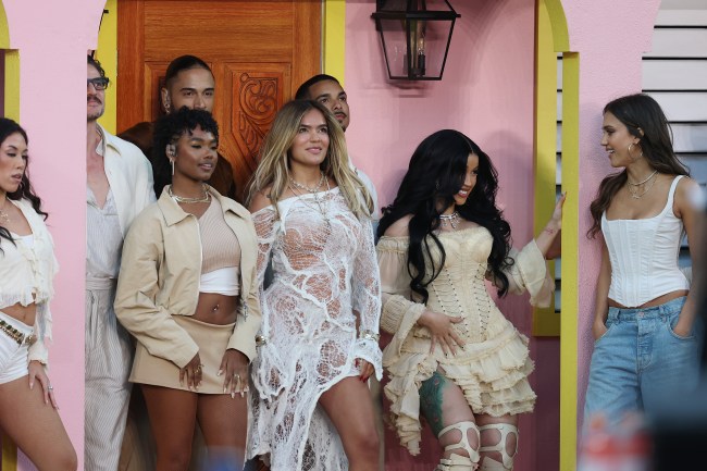 SANTA CLARA, CALIFORNIA - FEBRUARY 08: (L-R) Pedro Pascal, Karol G, Cardi B and Jessica Alba perform onstage during the Apple Music Super Bowl LX Halftime Show at Levi's Stadium on February 08, 2026 in Santa Clara, California.