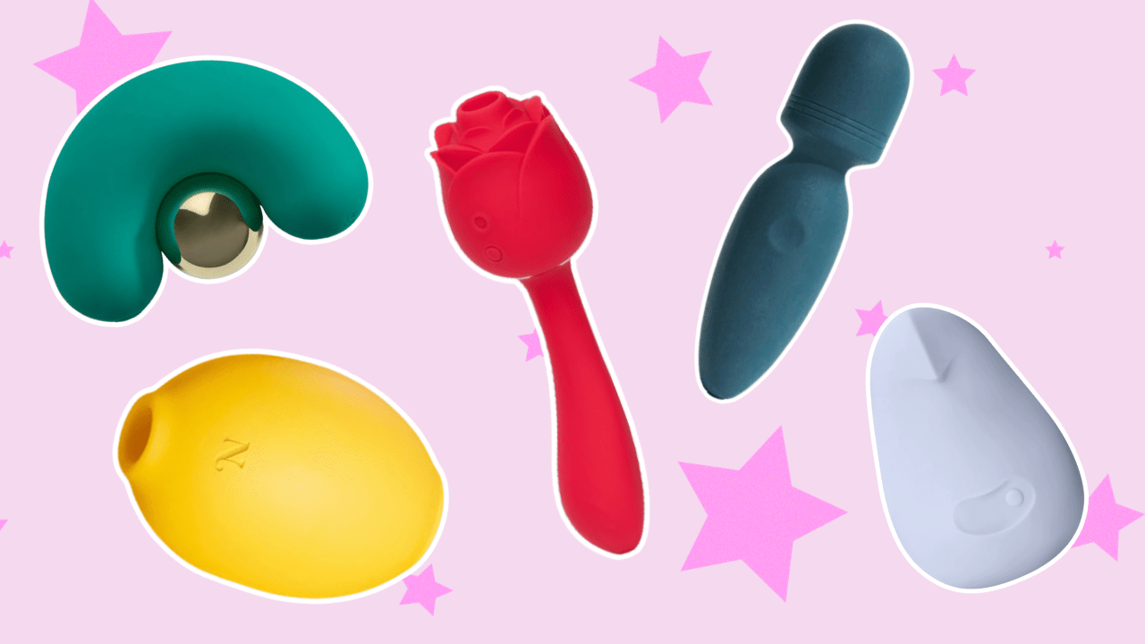 A pink background with dark pink stars, featuring five sex toys.