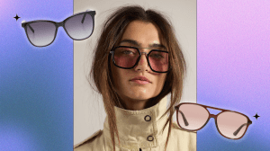 A collage with two product shots of women's sunglasses and a photo of a model wearing sunglasses