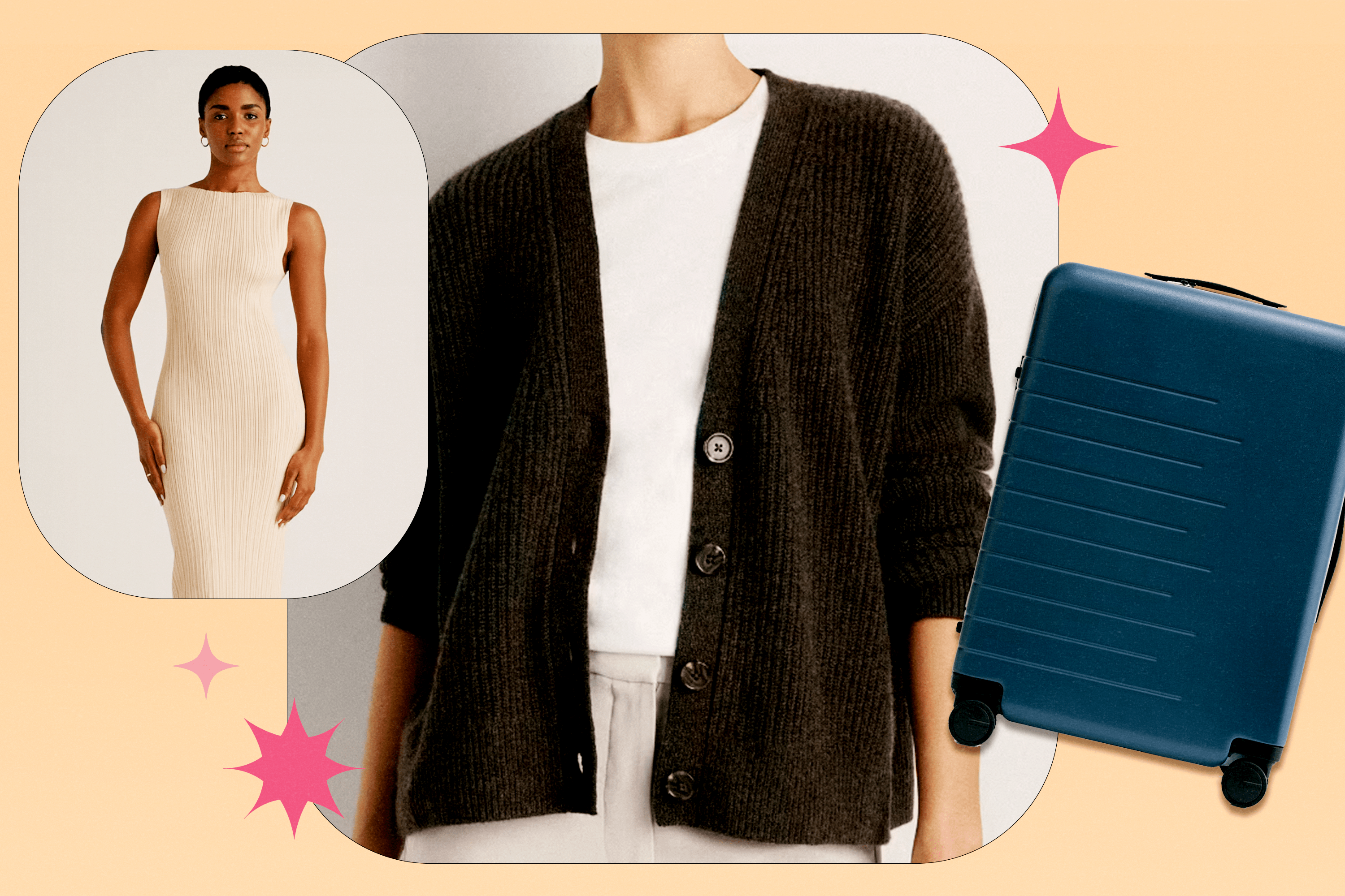 A collage showing a model wearing a Quince off-white midi dress, a model wearing a Quince brown cardigan, and a product shot of Quince's blue check-in suitcase.