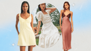 A collage of three models wearing Abercrombie spring 2026 dresses