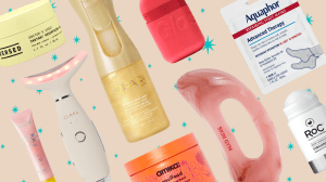 A sand colored background with blue stars featuring 9 beauty products.