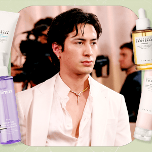 A collage featuring a photo of Hudson Williams from the 2026 Golden Globes red carpet, surrounded by four K-beauty skincare products he has used.