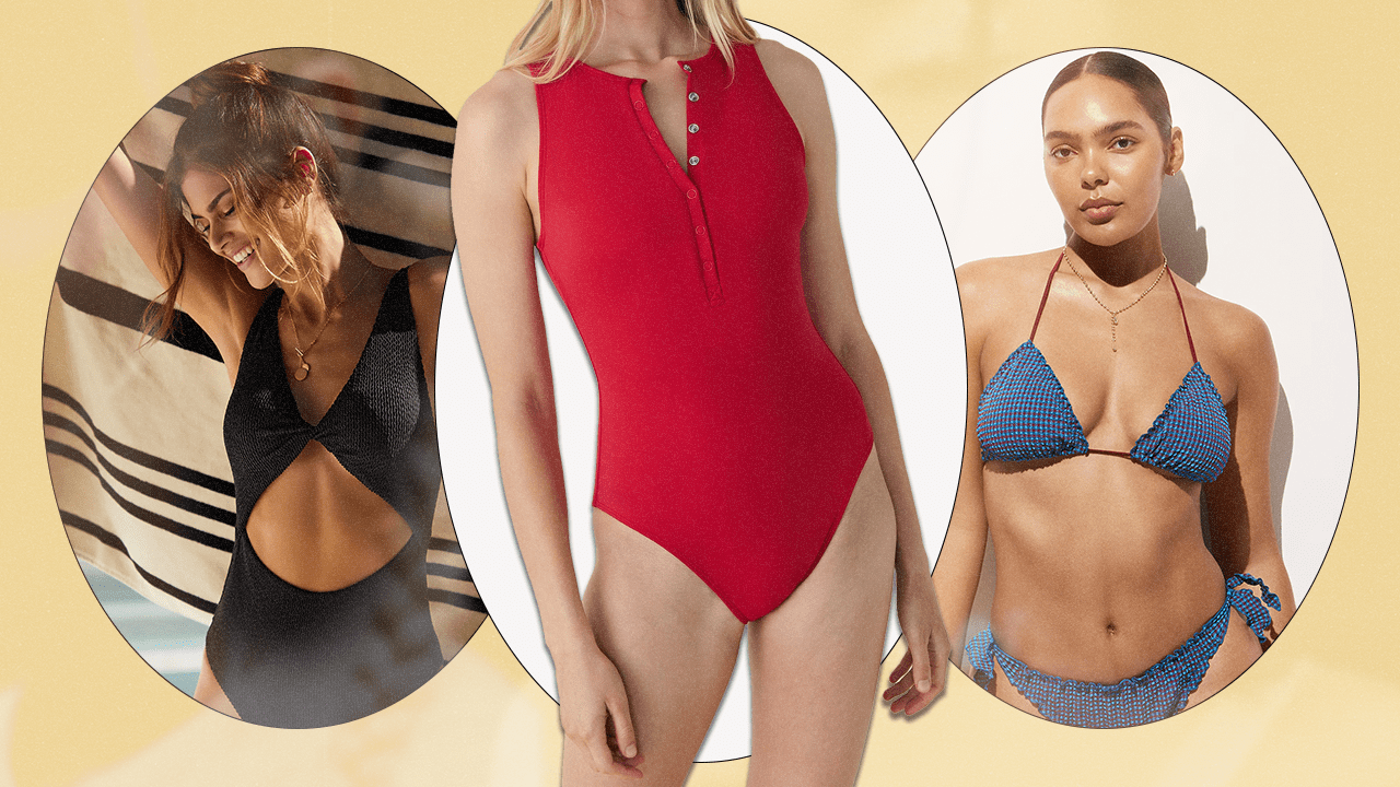 A collage with three models wearing swimsuits that don't dig in
